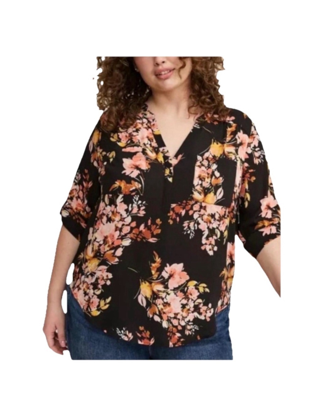 Torrid Harper Popover Top Size 5X Dark Floral Black Pink 3/4 Roll Tab Sleeves